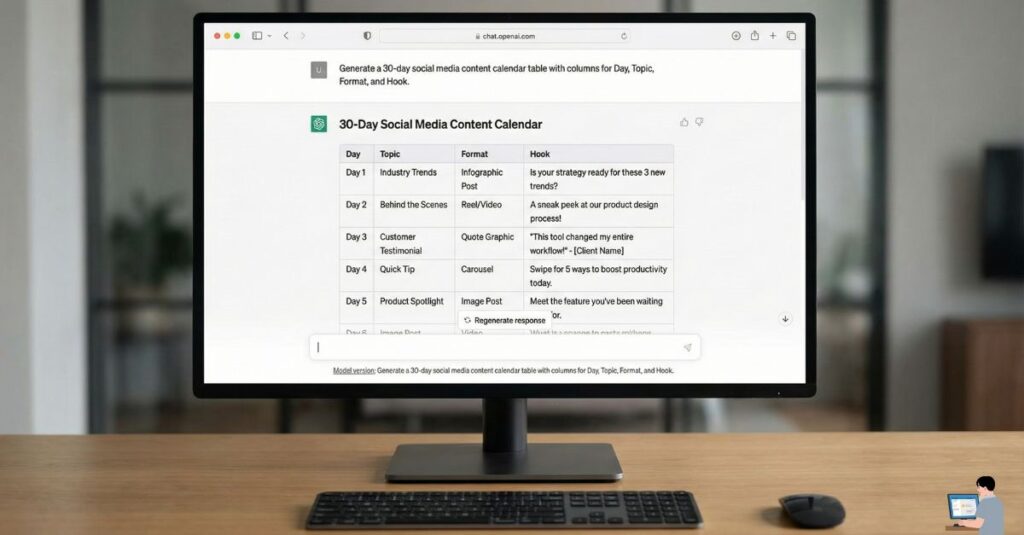 AI generated 30-day content calendar table in ChatGPT.
