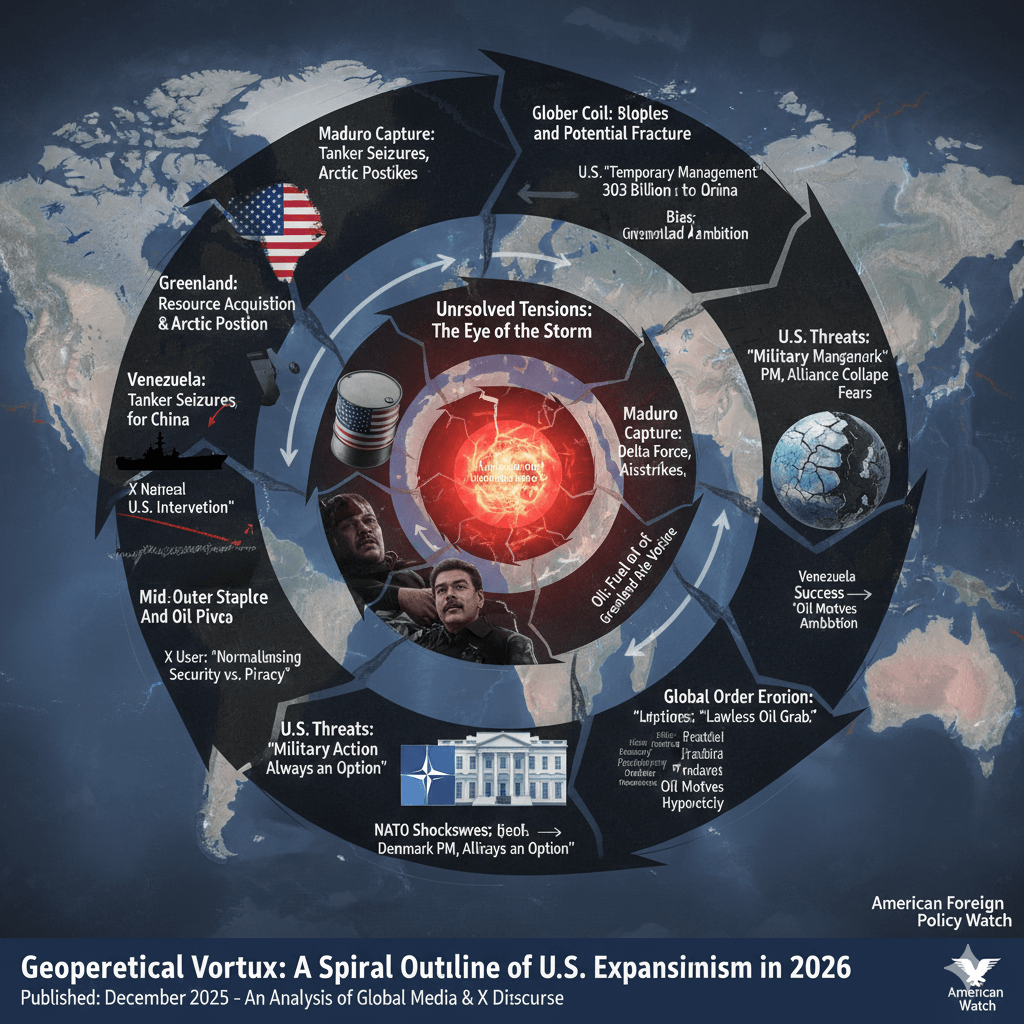 Illustrated spiral graphic showing escalating U.S. geopolitical actions from Venezuela to Greenland amid global reactions in 2026.