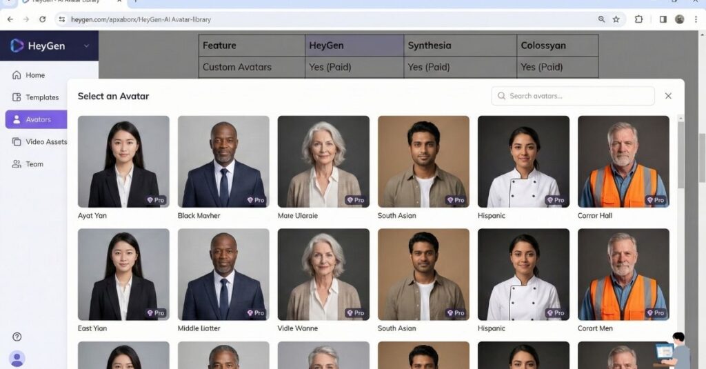 The HeyGen interface showing how to select a diverse range of AI avatars.