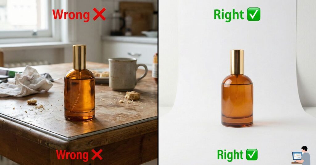 Side-by-side: Left = A messy table shot. Right = The "White Paper" setup showing the clean product shot.