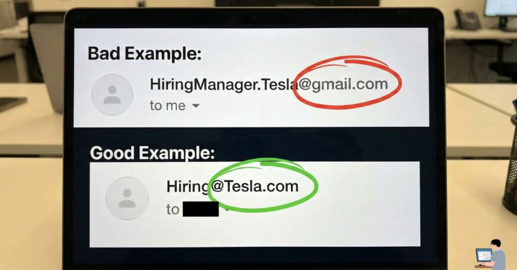 Screenshot of a fake "Gmail" recruiter email vs. a real corporate email.