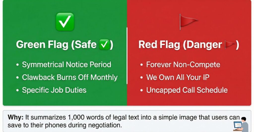 A checklist graphic showing "Green Flags vs. Red Flags" in contract clauses