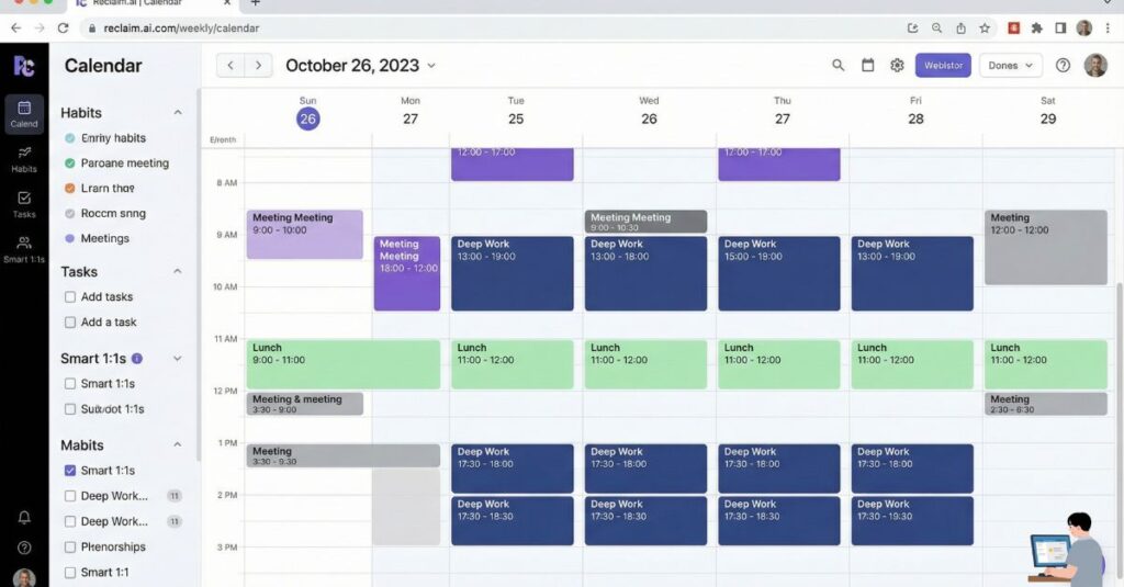 Reclaim AI calendar blocking lunch and focus time automatically.