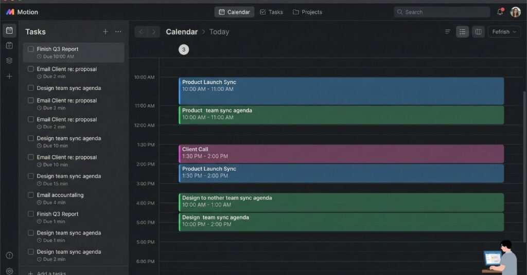 Motion app combining tasks and calendar meetings.