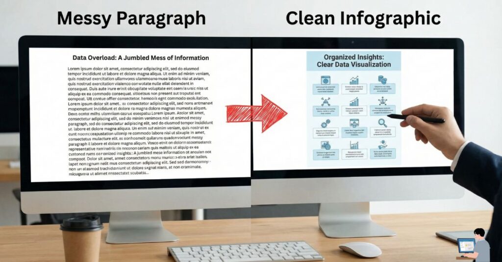 Left: The raw text prompt. Right: The final viral-ready infographic.)