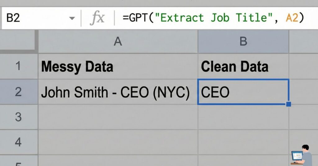 Screenshot of the =GPT() formula cleaning a messy list of names.