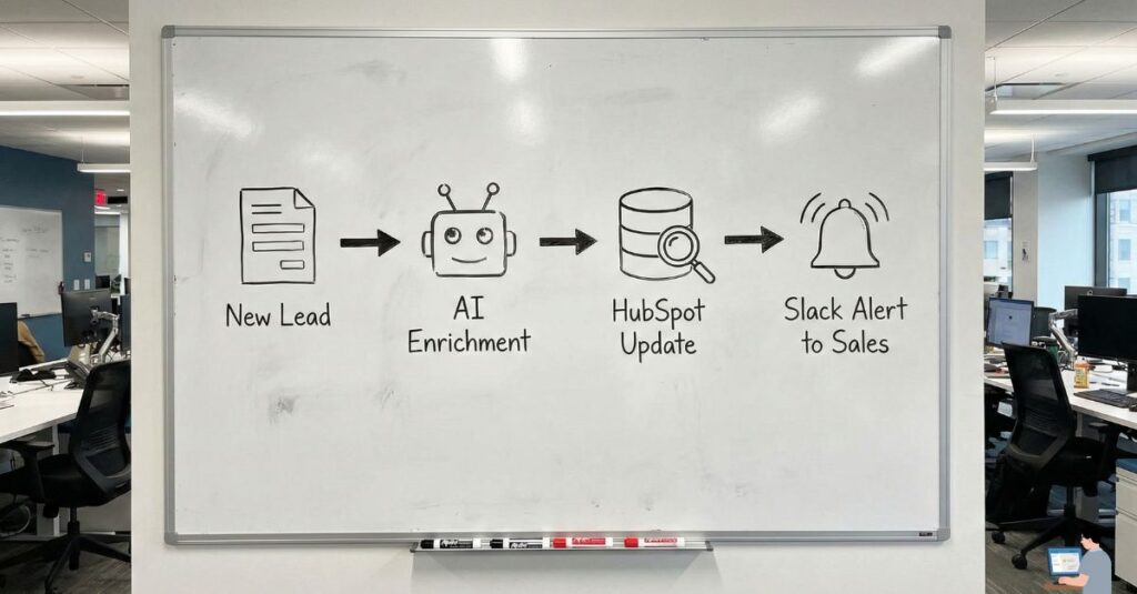 Flowchart diagram showing an automated lead qualification workflow using AI.